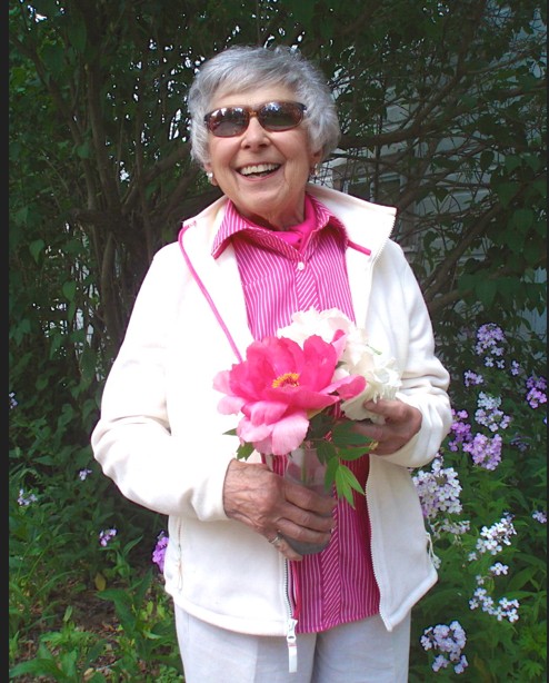 Martyl with peonies, September, 2008